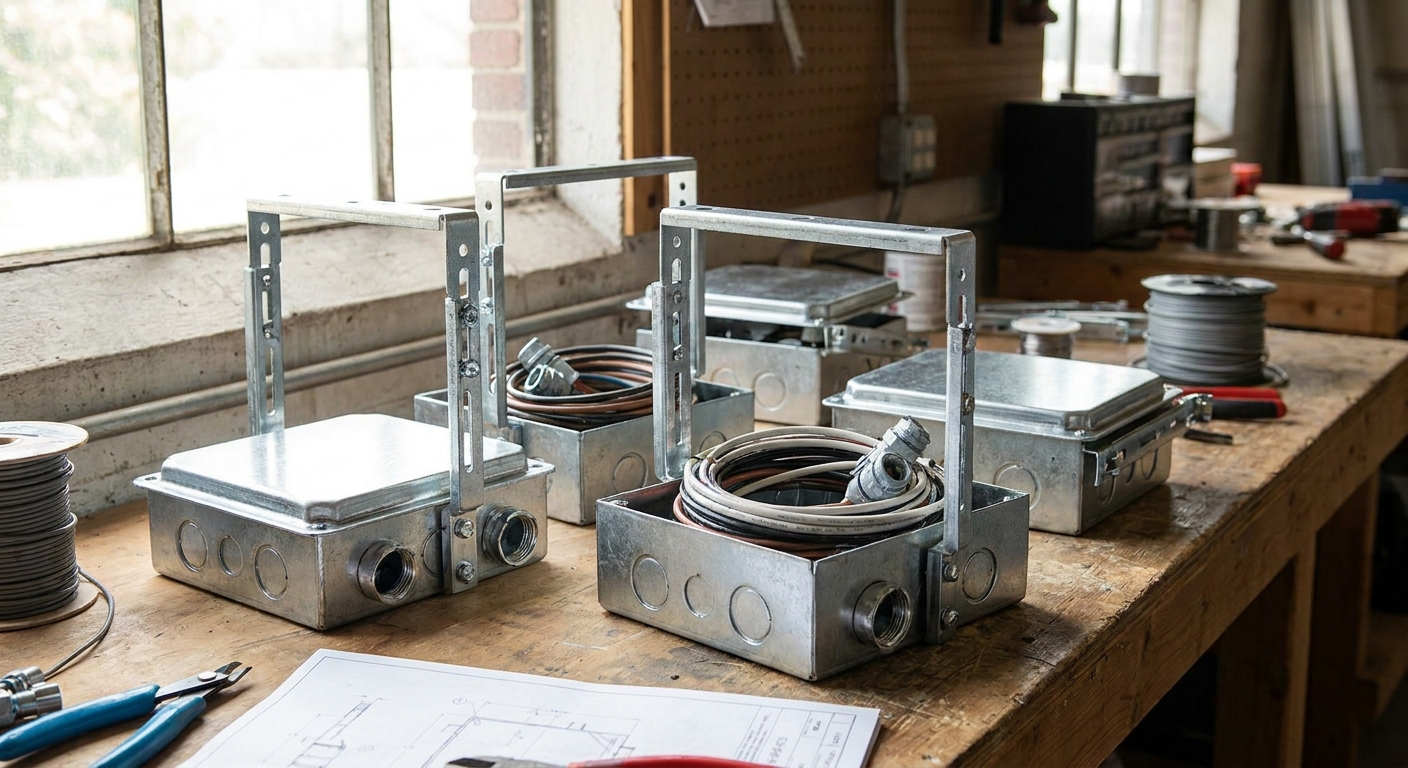 Prefabricated overhead ceiling junction box assemblies on bar hangers